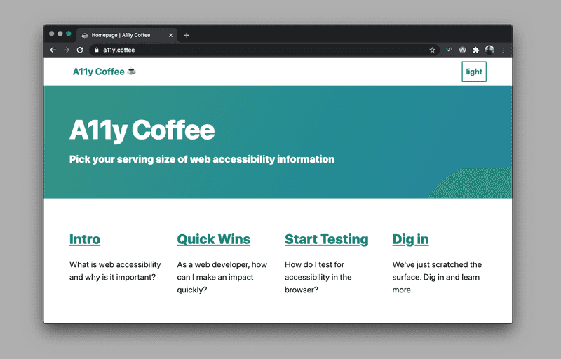A screenshot preview of the homepage of the a11y.coffee project.