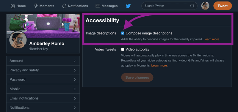 My Twitter accessibility settings with an arrow indicating where to enable compose image descriptions.