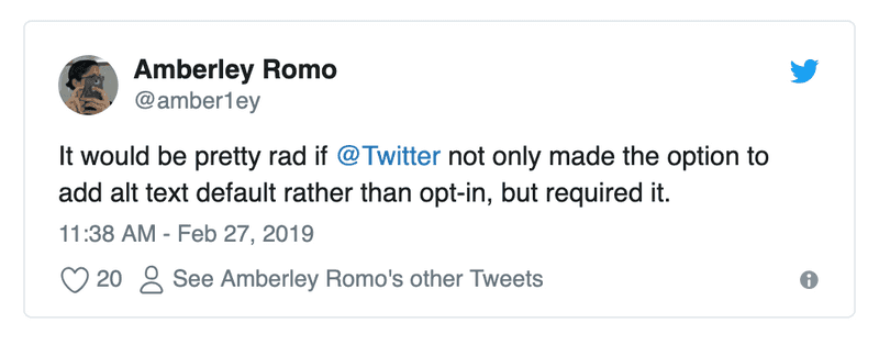 Tweet from @amber1ey reading saying: It would be pretty rad if Twitter not only made the option to add alt text default rather than opt-in, but required it.