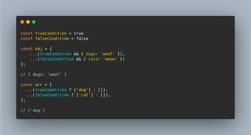 A screenshot of code showing how to conditionally add to an object or array in JavaScript, explained in the article.